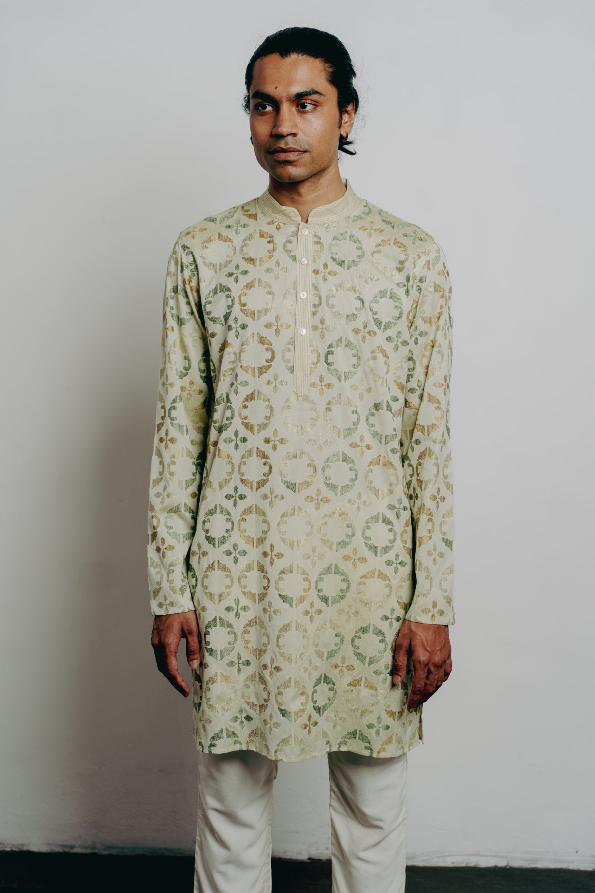 Pista Cotton Viscose Machine Embroidered Kurta Set