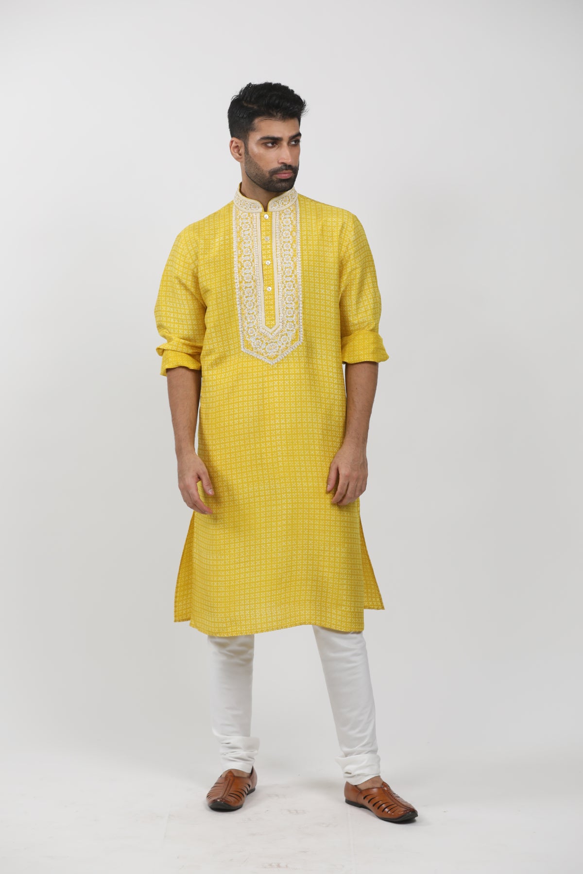 Yellow Tussar Printed & Embroidered Kurta Set