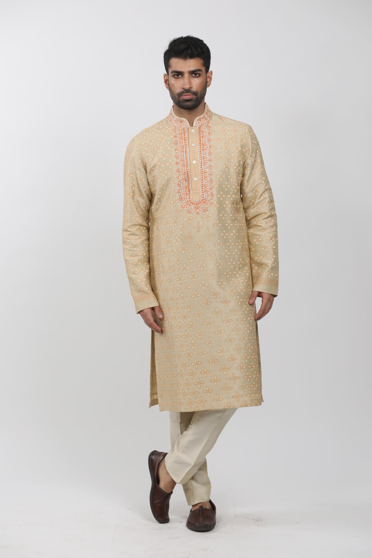 Beige Tussar Embroidered Kurta Set
