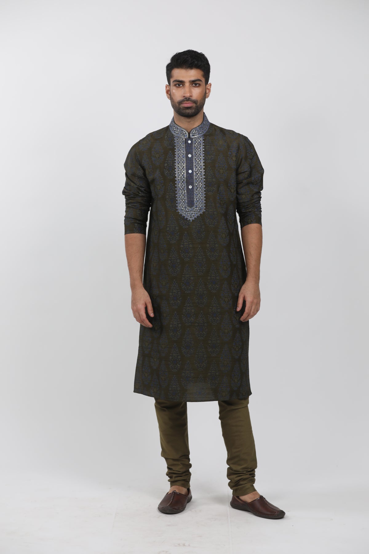 Olive Tussar Hand Block Printed Kurta Set