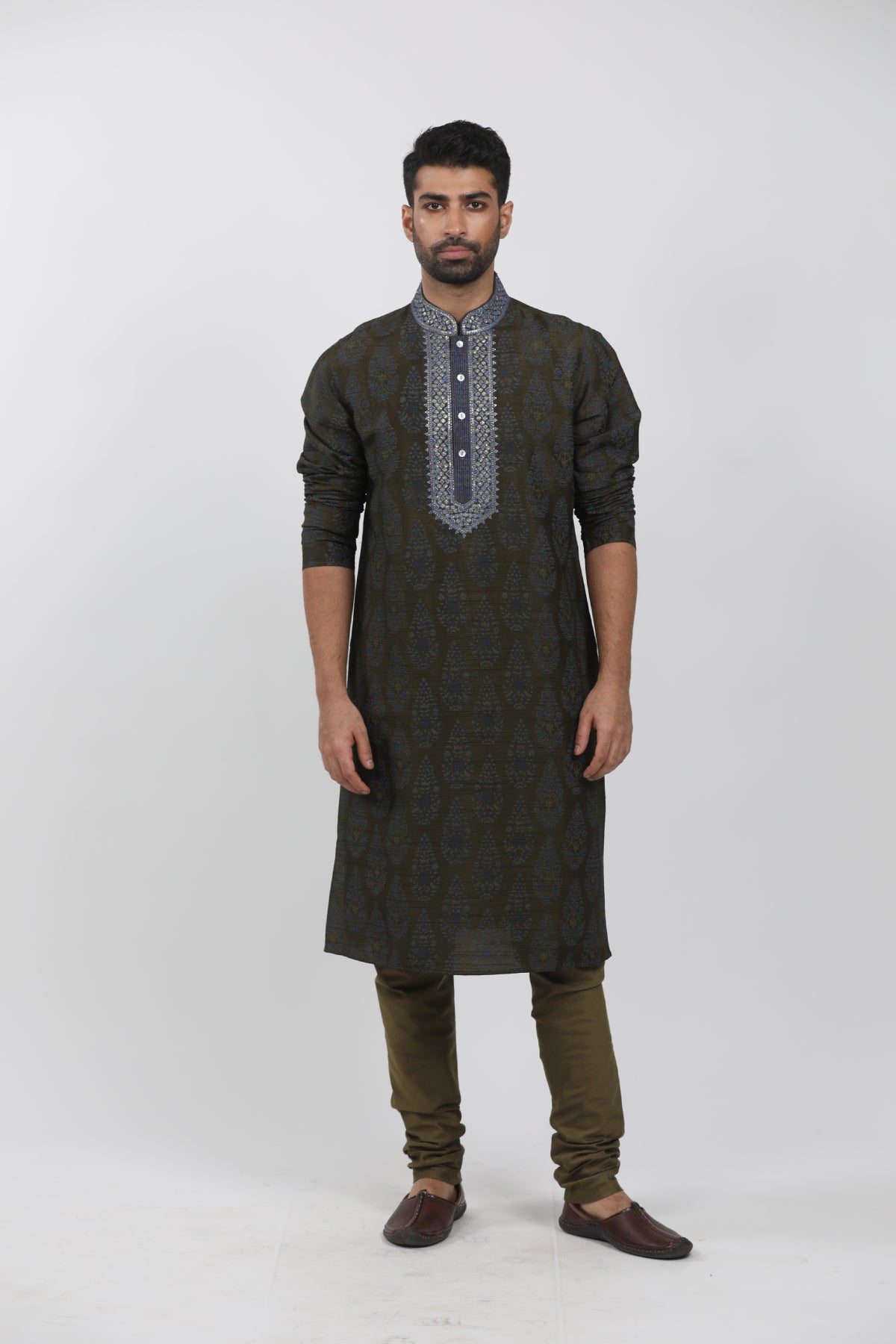 Olive Block printed kurta set