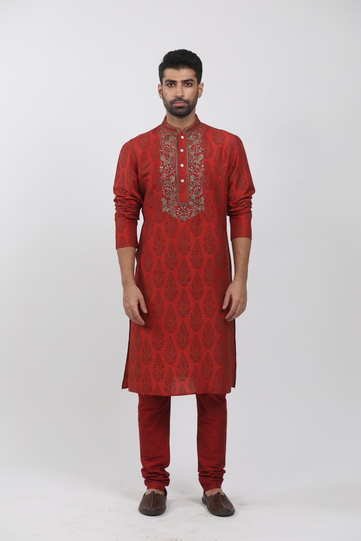 Red Tussar Floral Block Printed Kurta Set