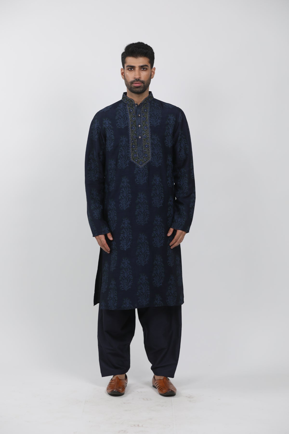 Navy Tussar Hand Block Printed Kurta Set