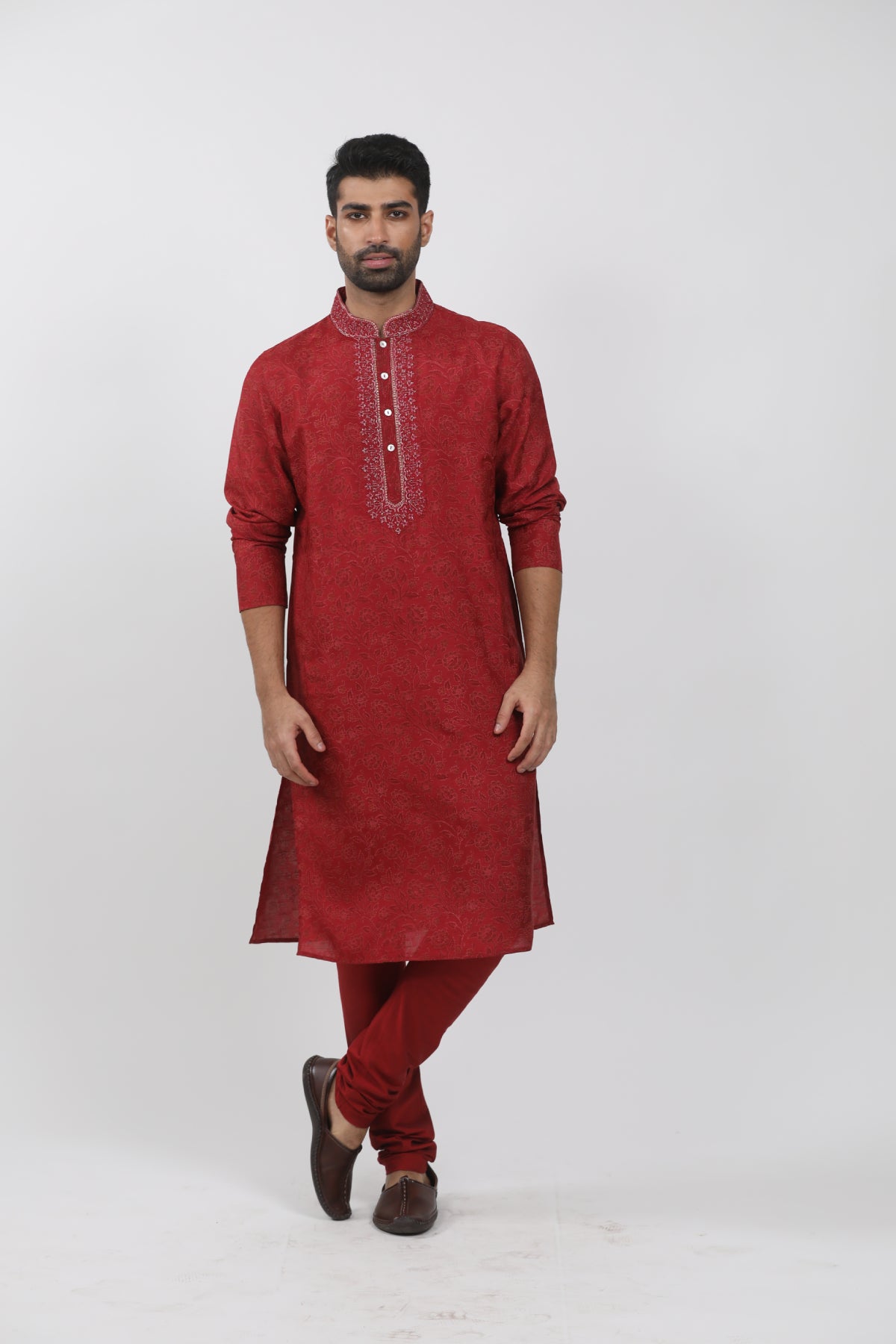 Maroon Tussar Floral Block Printed Kurta Set