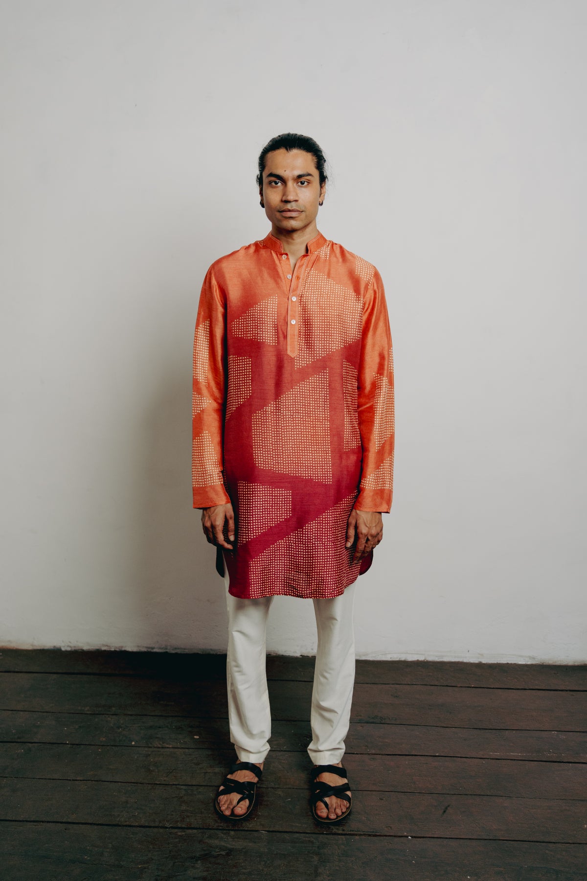 Orange Shaded Tussar Block Printed Kurta Set