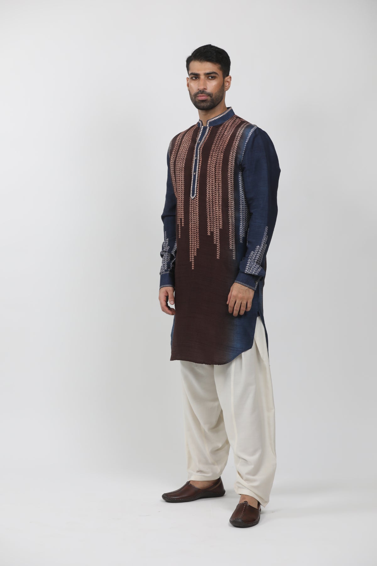 Indigo & Brown Tussar Hand Block Printed Kurta