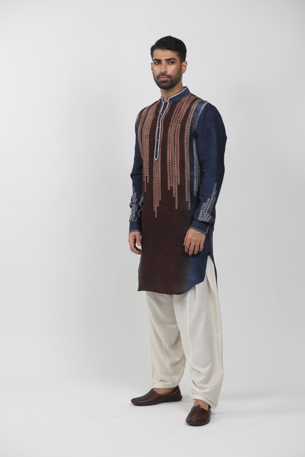 Navy/Brown shaded Block printed Kurta