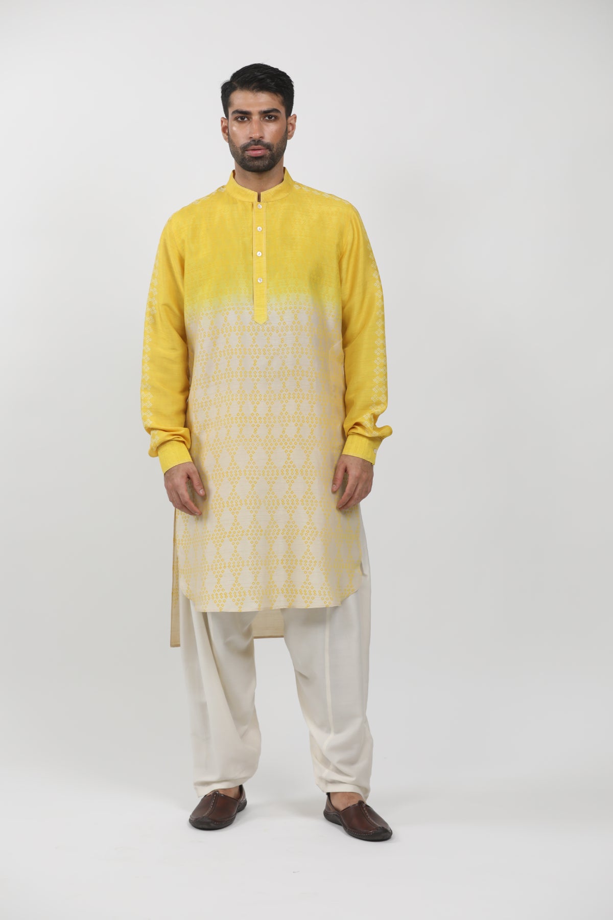 Yellow & Ecru Tussar Hand Block Printed Kurta Set