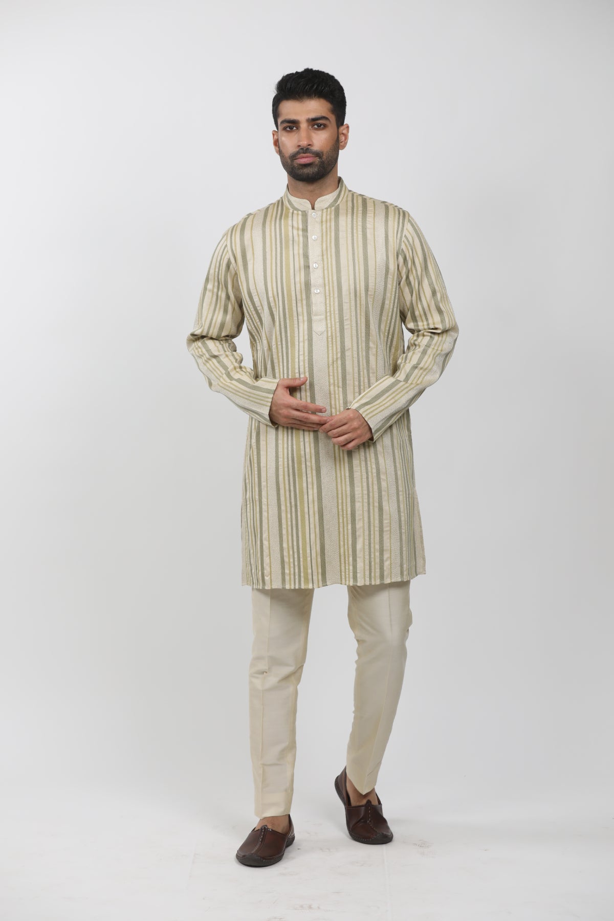 Beige Cotton Viscose Textured Kurta Set
