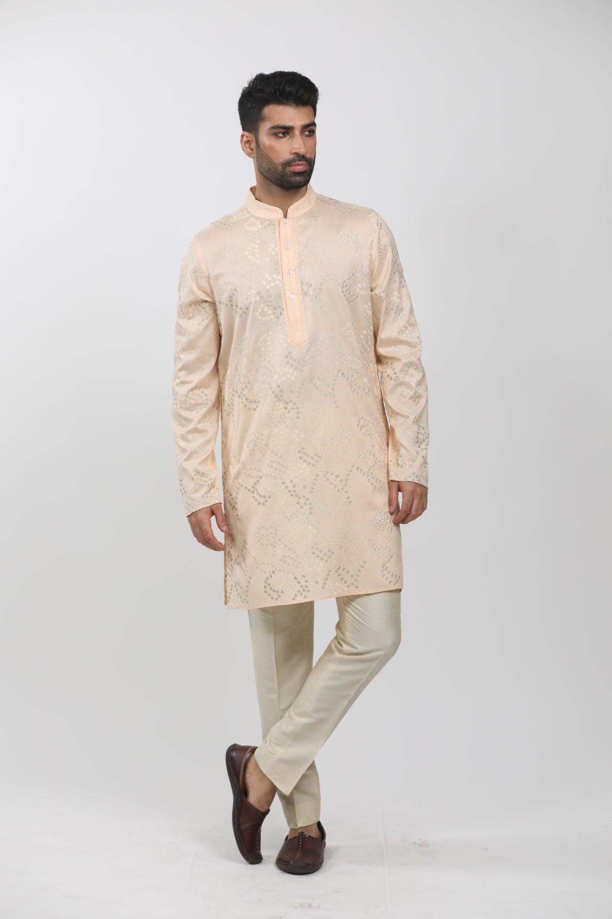 Peach Cotton Viscose Embroidered Kurta Set