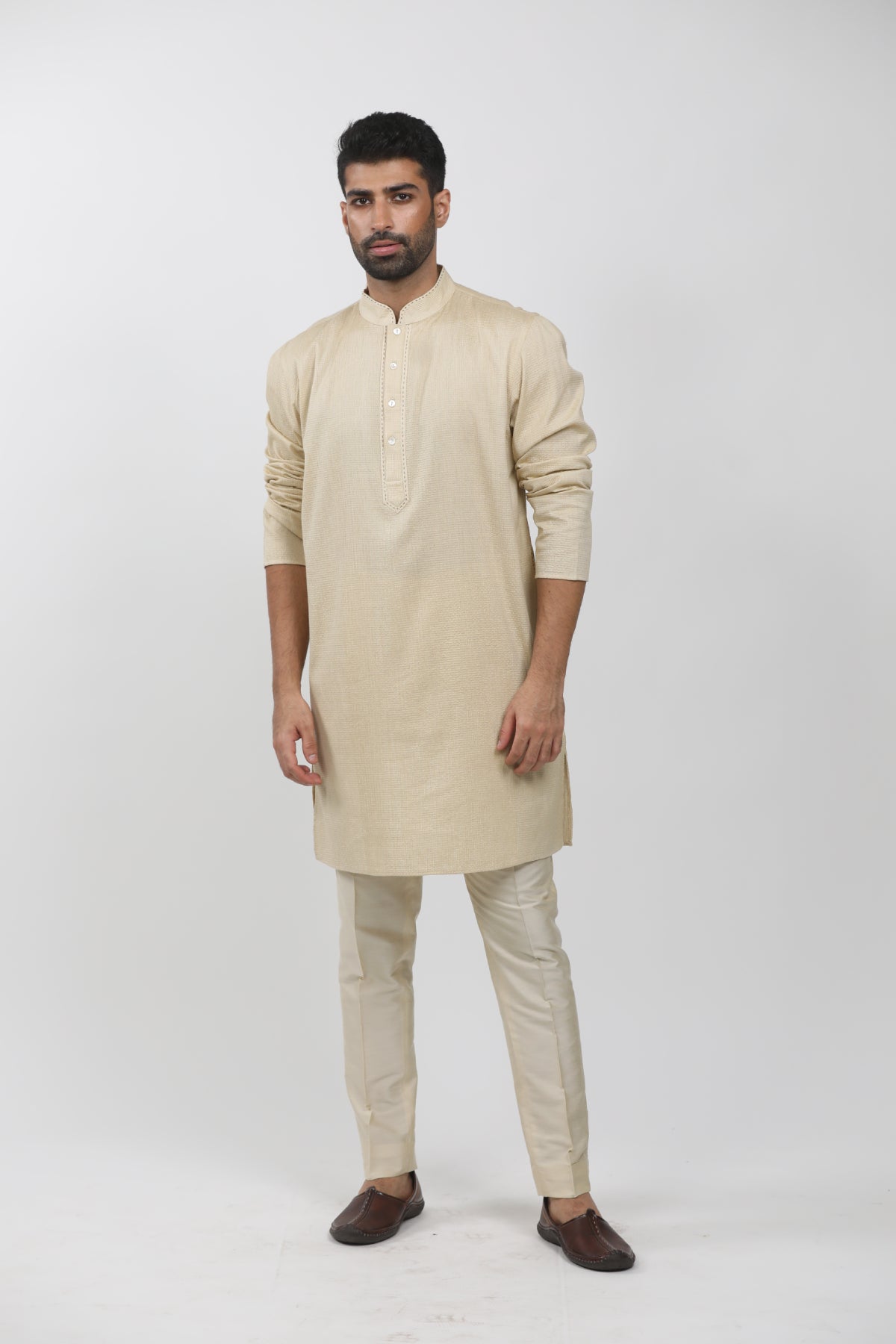 Beige Cotton Viscose Textured Kurta Set
