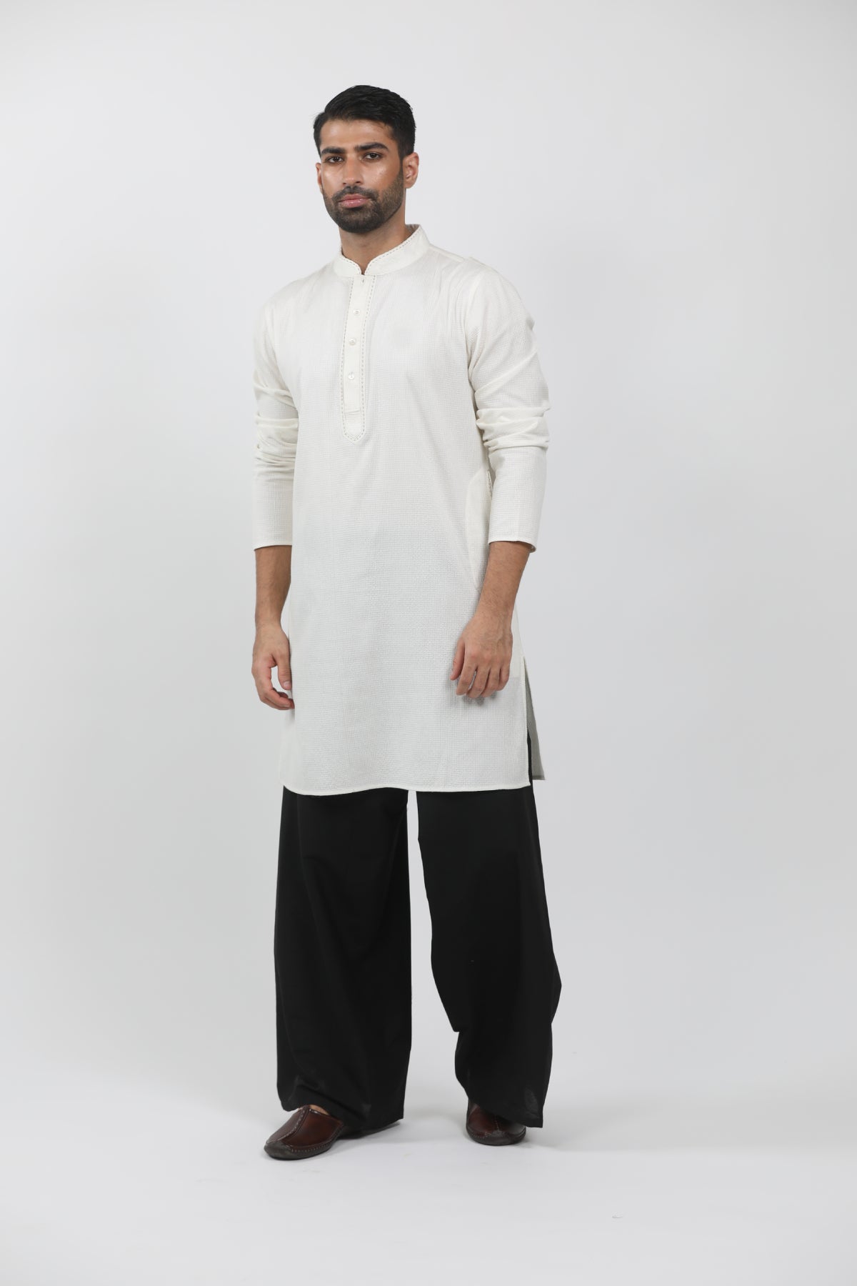 Off-White Cotton Viscose Textured Kurta Set