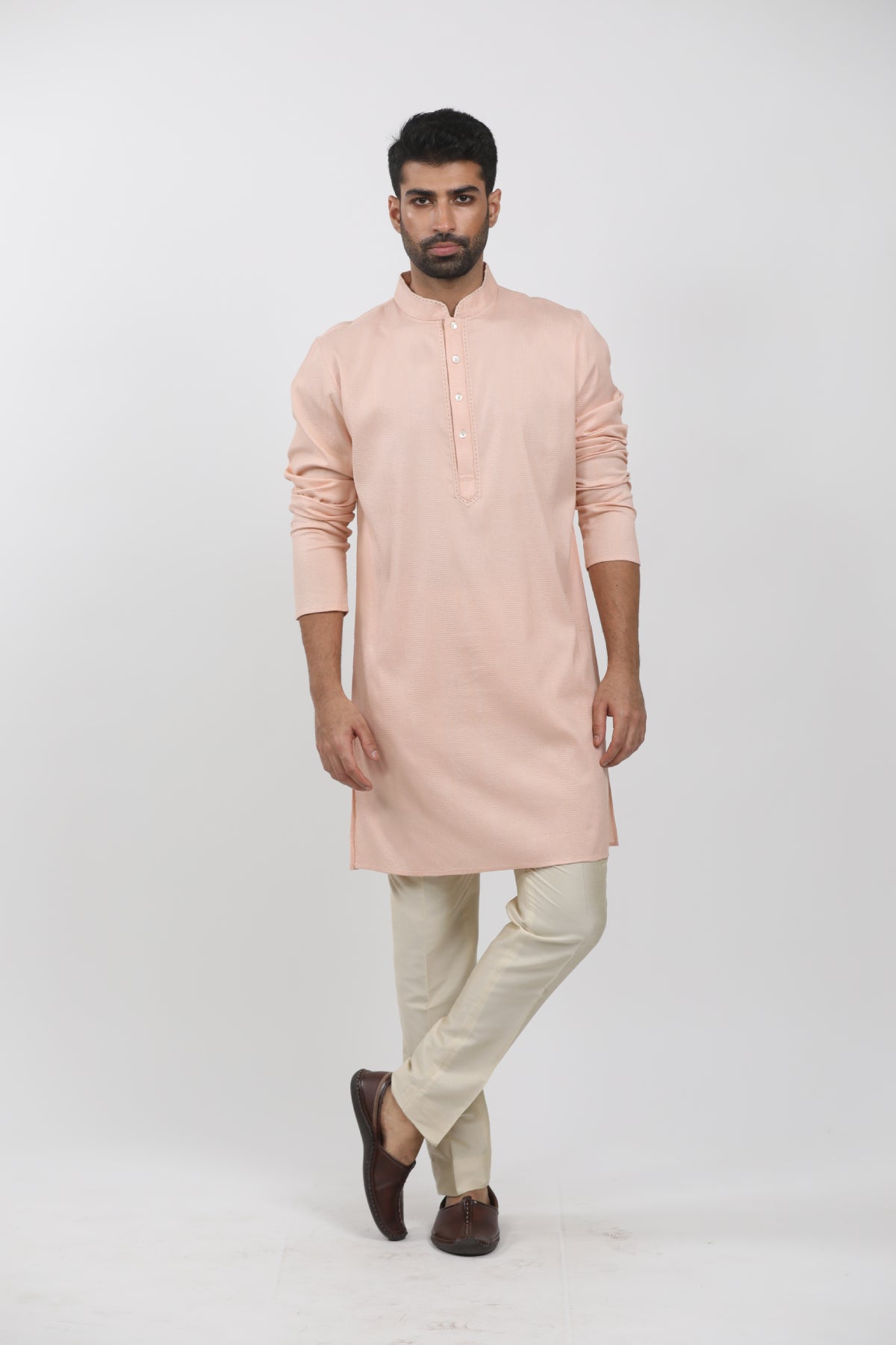 Peach Cotton Viscose Textured Kurta Set