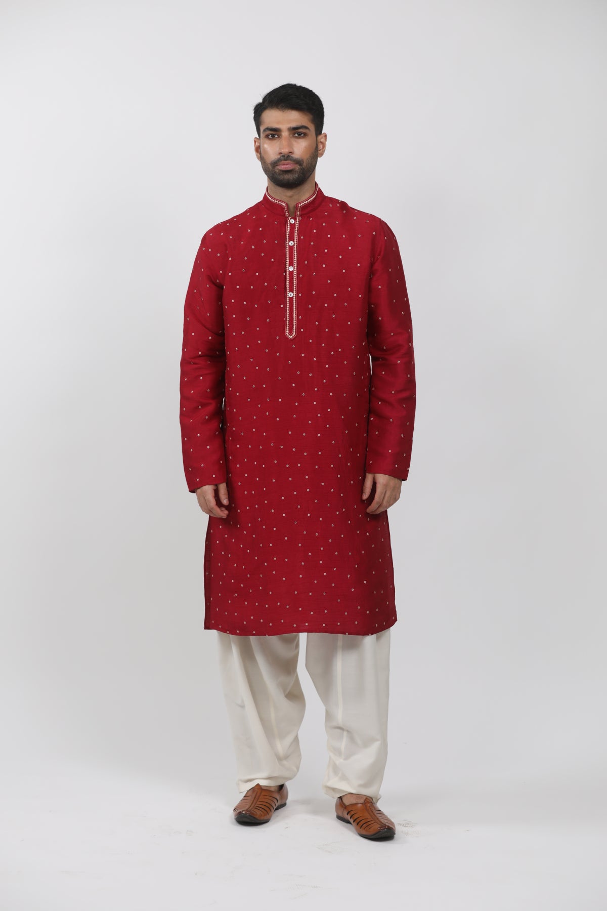 Red Tussar Embroidered Kurta Set