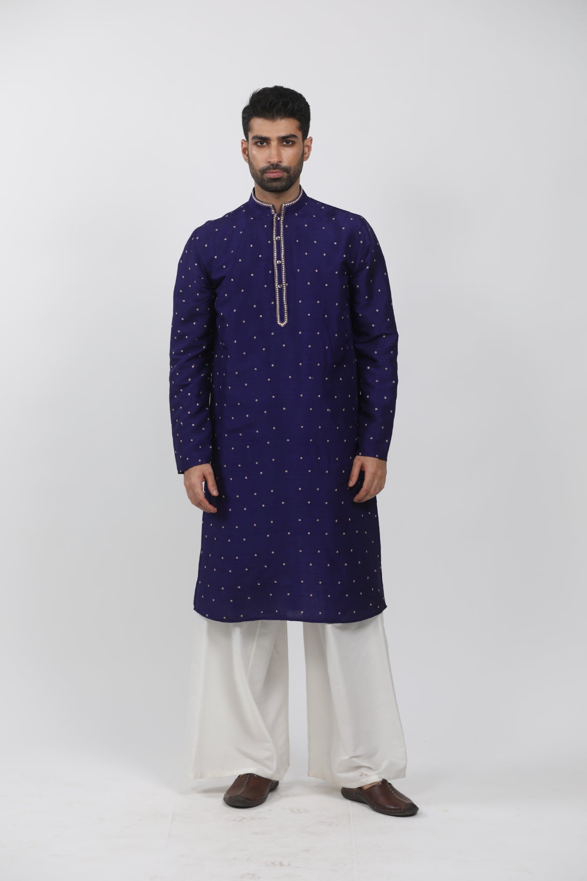 Dark Blue Tussar Embroidered Kurta Set