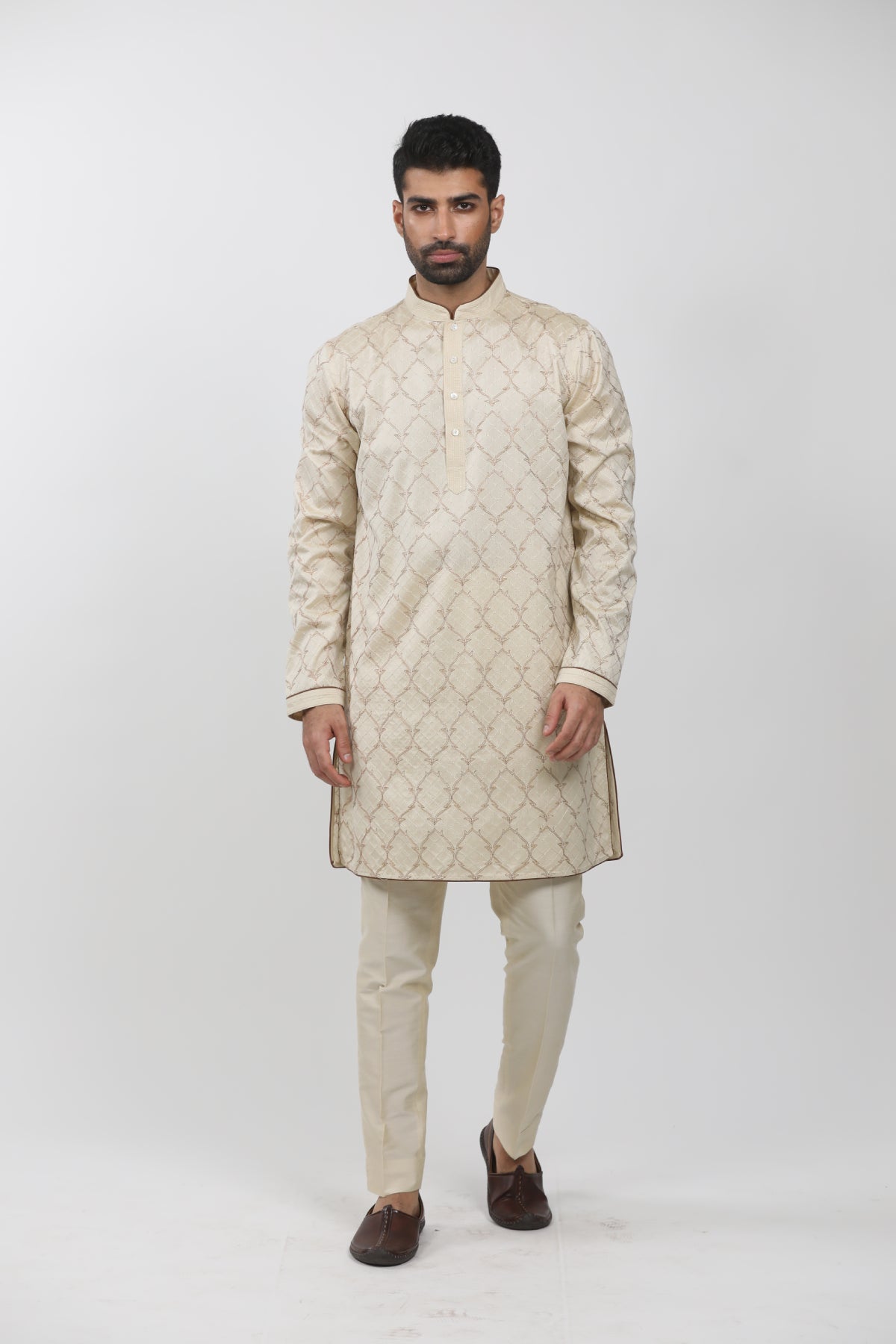 Beige Tussar Embroidered Kurta Set