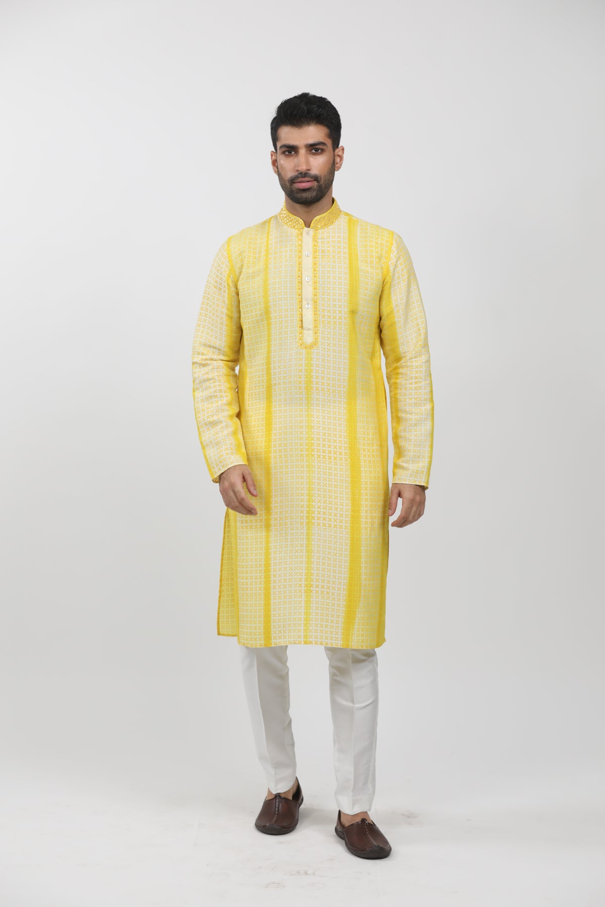 Yellow Tussar Hand Embroidered Kurta Set