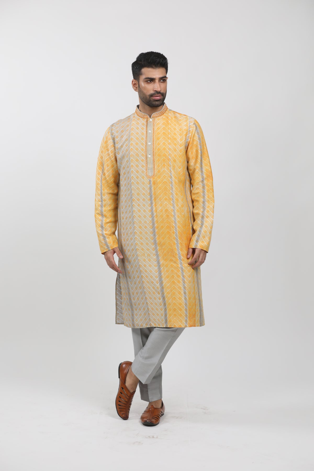 Yellow & Grey Tussar Hand Block Printed Kurta Set
