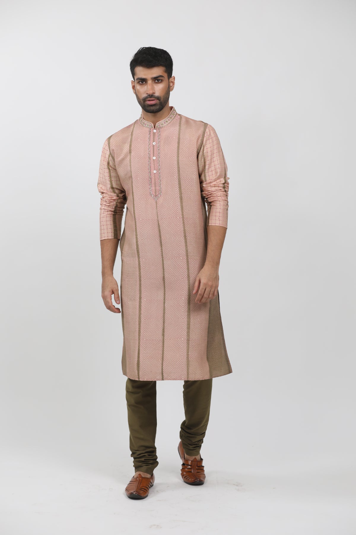 Peach & Olive Tussar Tie-Dye Kurta Set