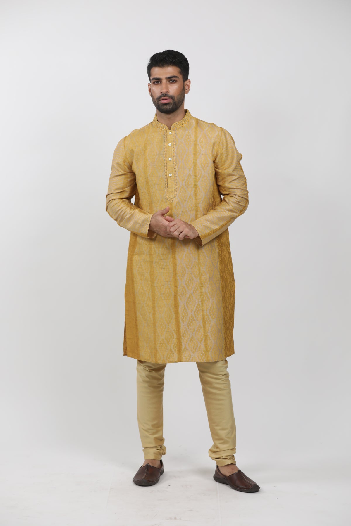 Beige & Mustard Tussar Hand Block Printed Kurta Set