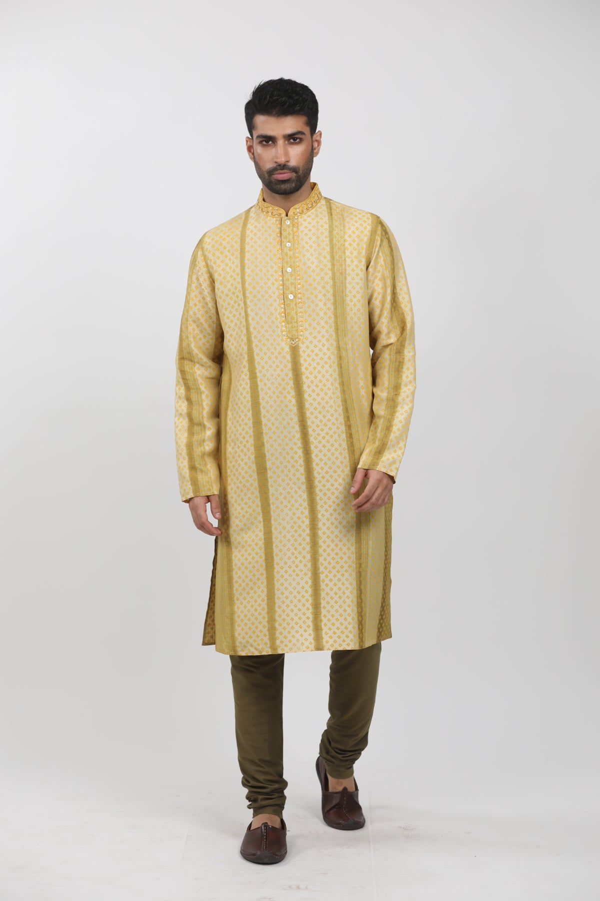 Beige & Olive Tussar Hand Block Printed Kurta Set