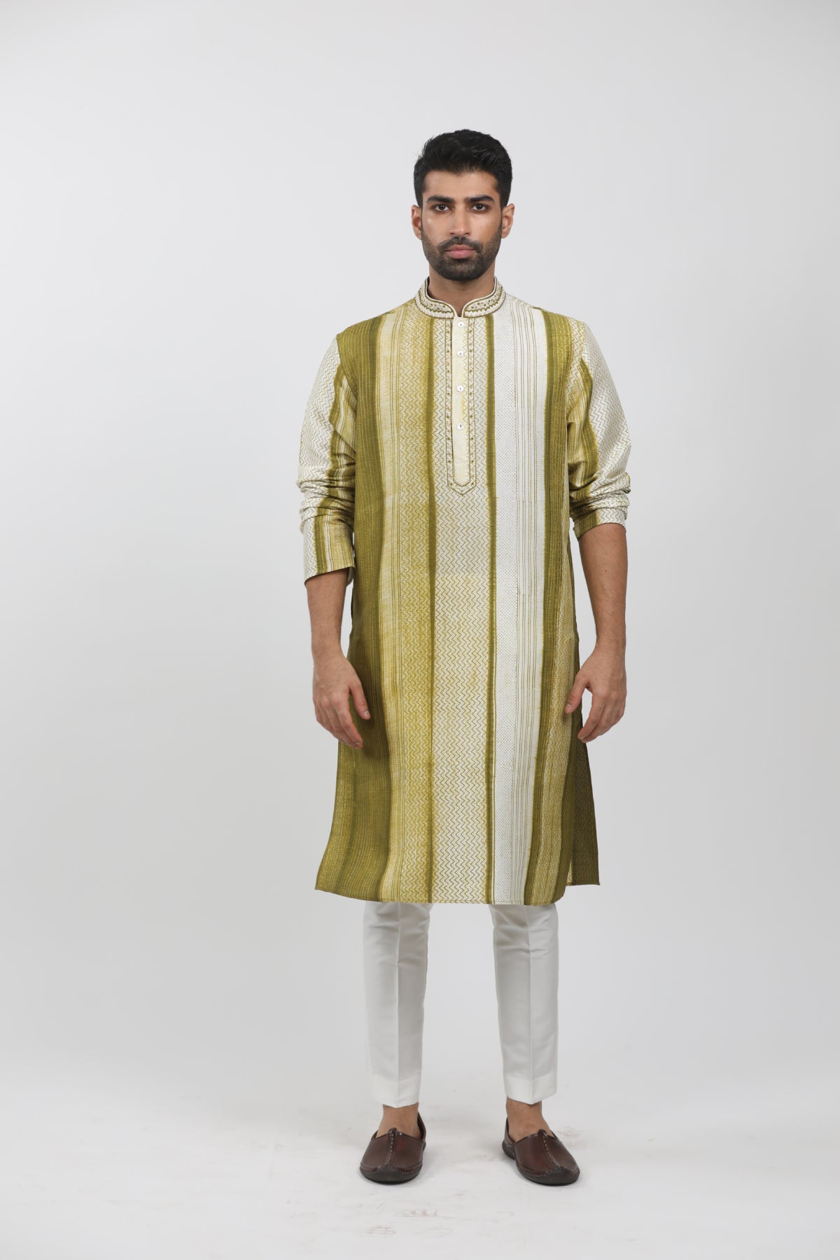 Olive Tussar Hand Block Printed Kurta Set