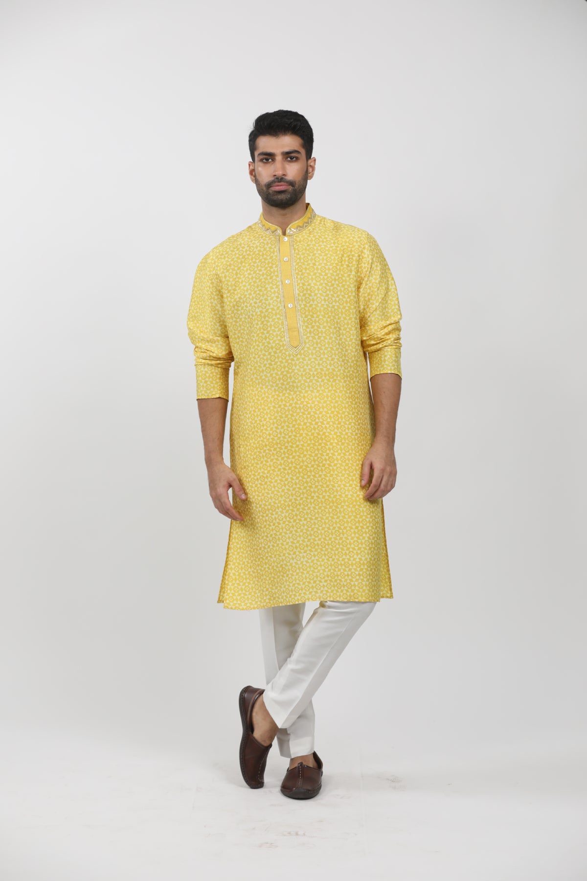 Yellow Tussar Hand Block Printed Kurta Set