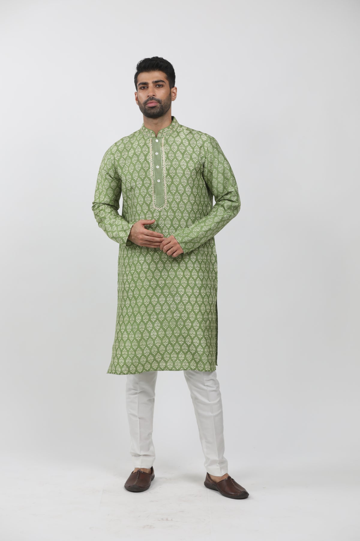 Green Tussar Hand Block Printed Kurta Set