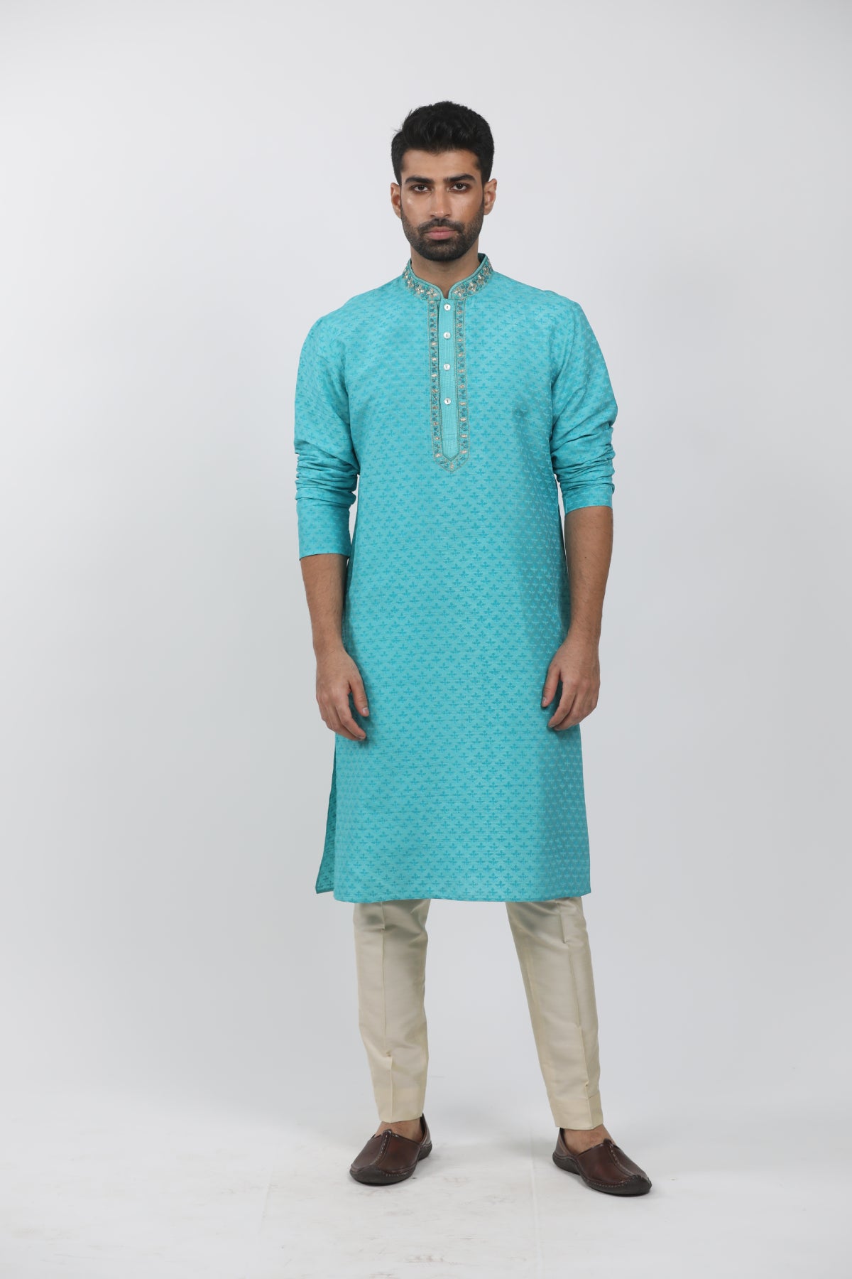 Turquoise Tussar Hand Block Printed Kurta Set