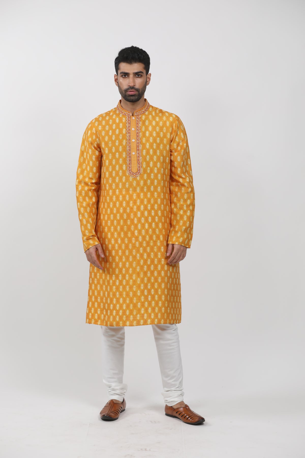 Dark Yellow Tussar Hand Block Printed Kurta Set