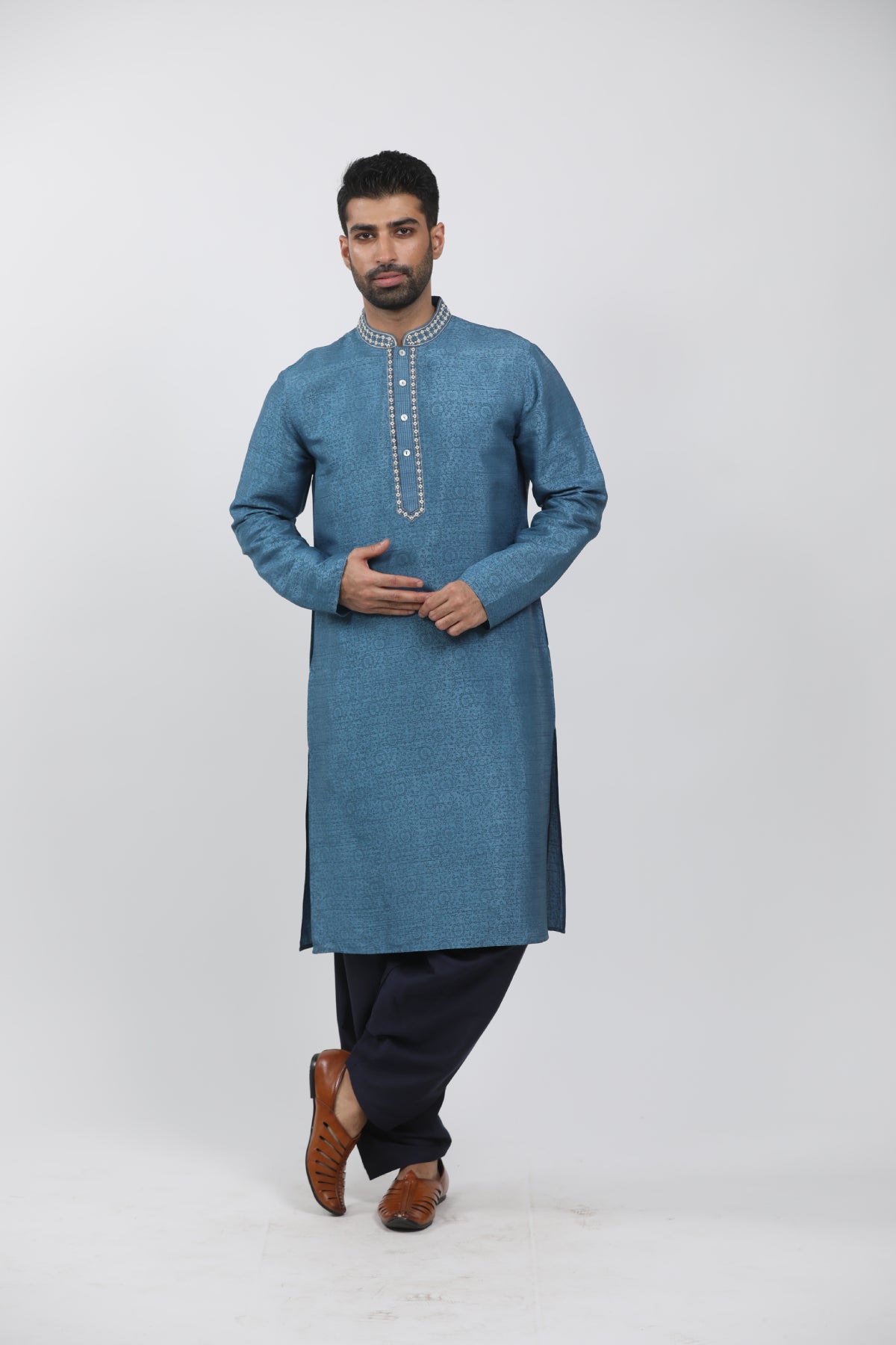 Blue Tussar Hand Block Printed Kurta Set