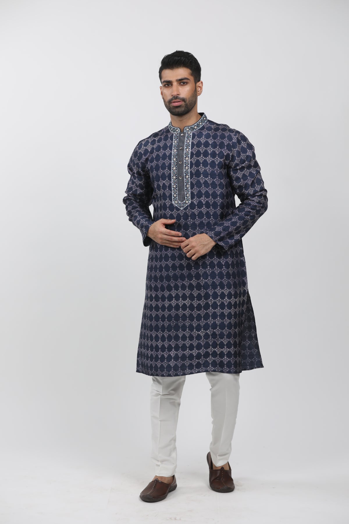 Indigo Tussar Hand Block Printed Kurta Set