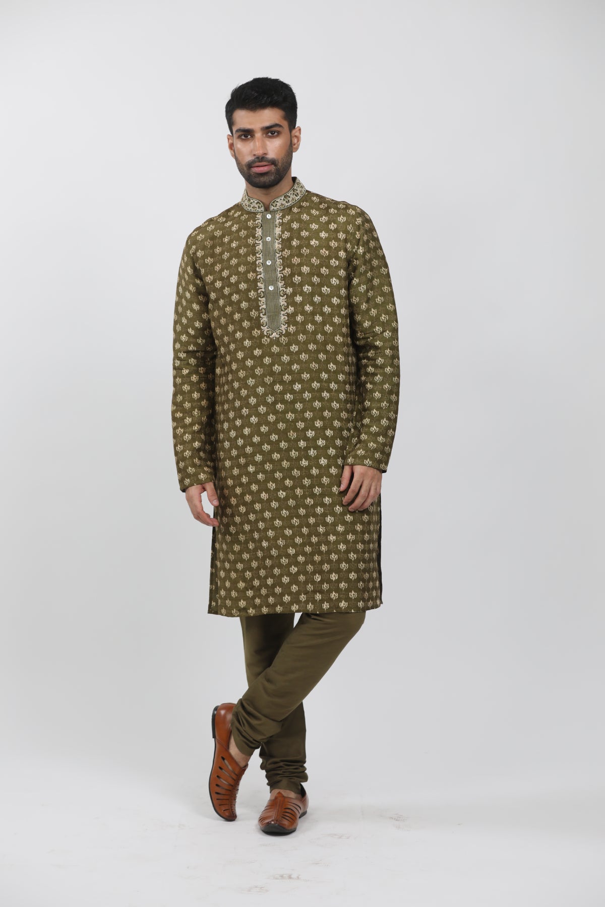 Olive Tussar Hand Block Printed Kurta Set
