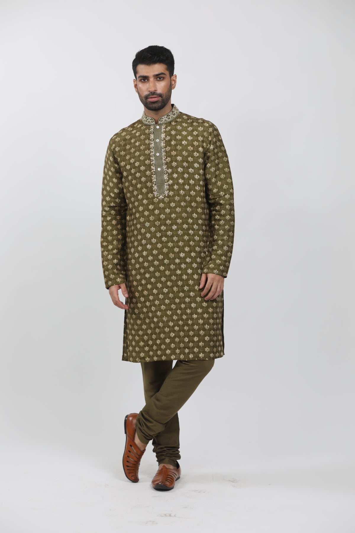 Olive Block Printed Kurta set