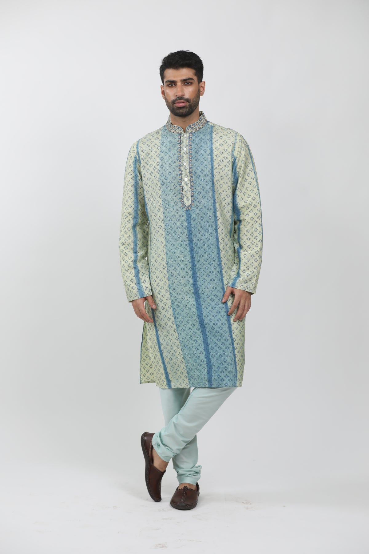 Light Blue & Pista Tussar Tie-Dye Kurta Set