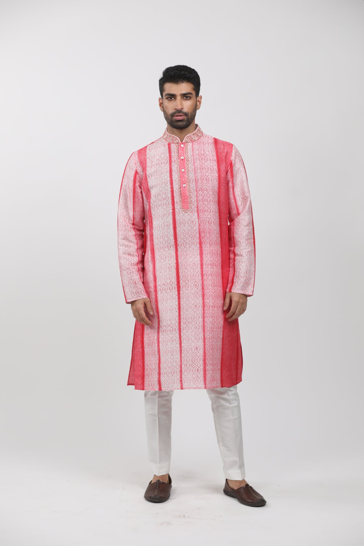 Pink & Red Tussar Hand Block Printed Kurta Set