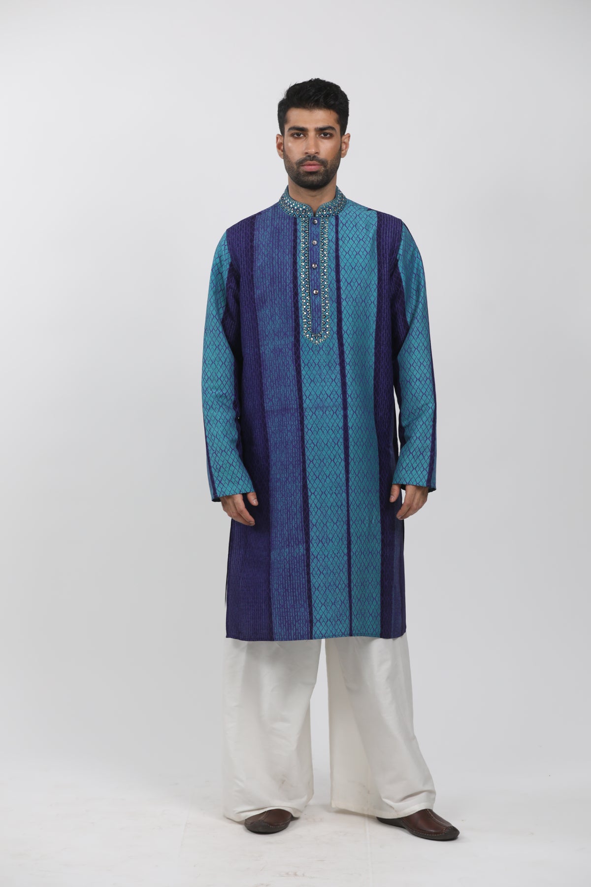 Turquoise & Indigo Tussar Hand Block Printed Kurta Set