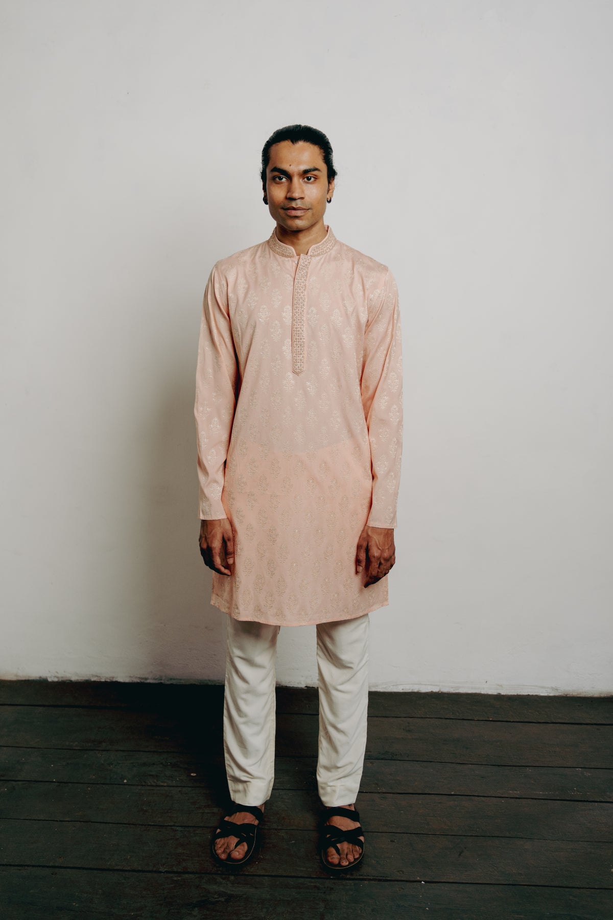Peach Cotton Viscose Hand & Machine Embroidered Kurta Set