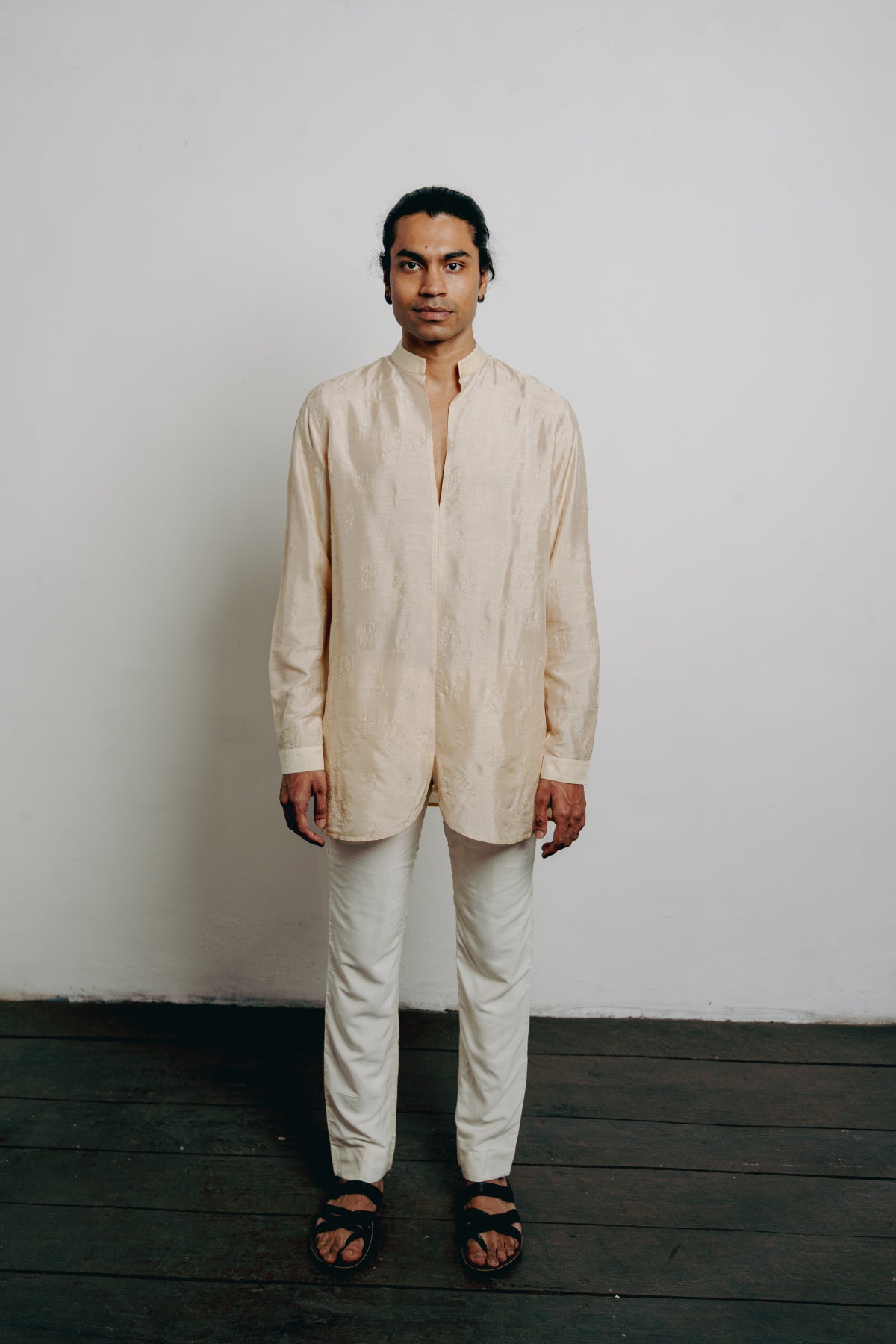 Beige All Over Lotus-Cow Embroidered Short Kurta