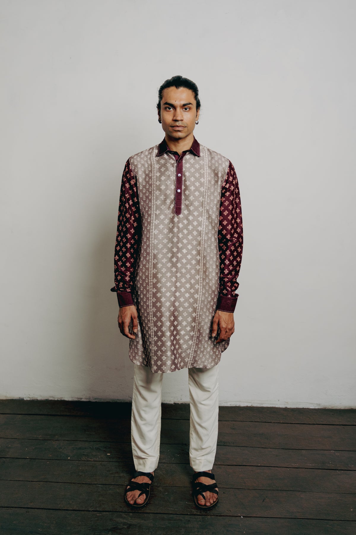 Grey & Maroon Tussar Block Printed Kurta Set