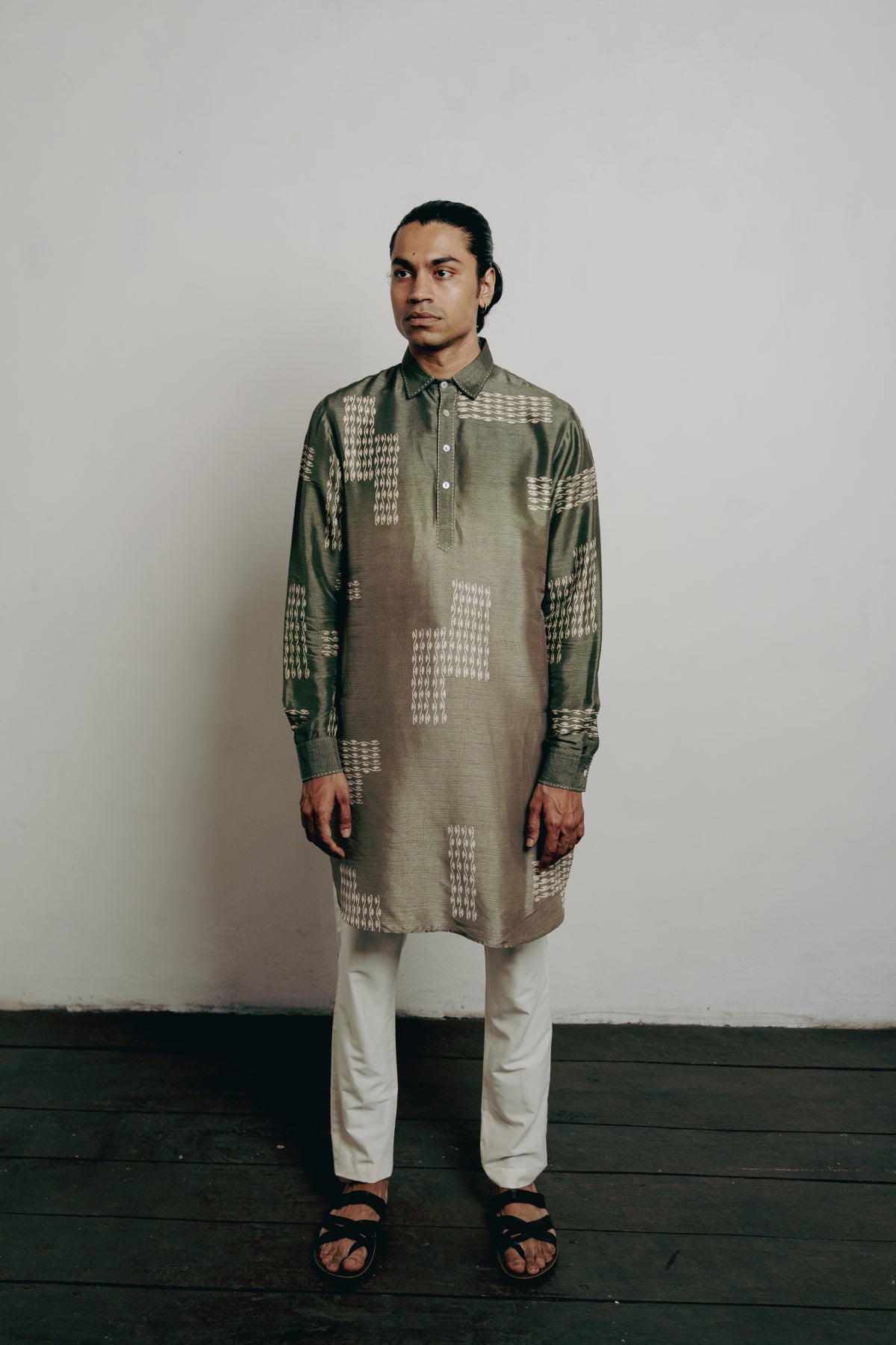 Olive Tussar Block Printed Kurta Set