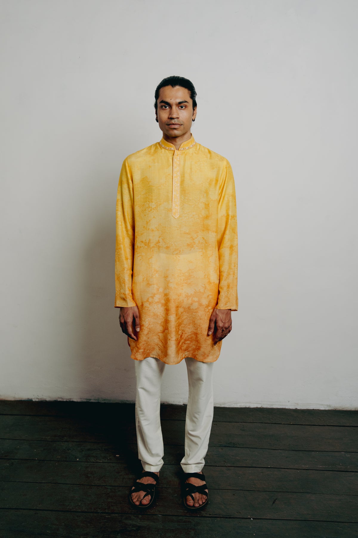 Yellow Tussar Embroidered & Printed Kurta Set