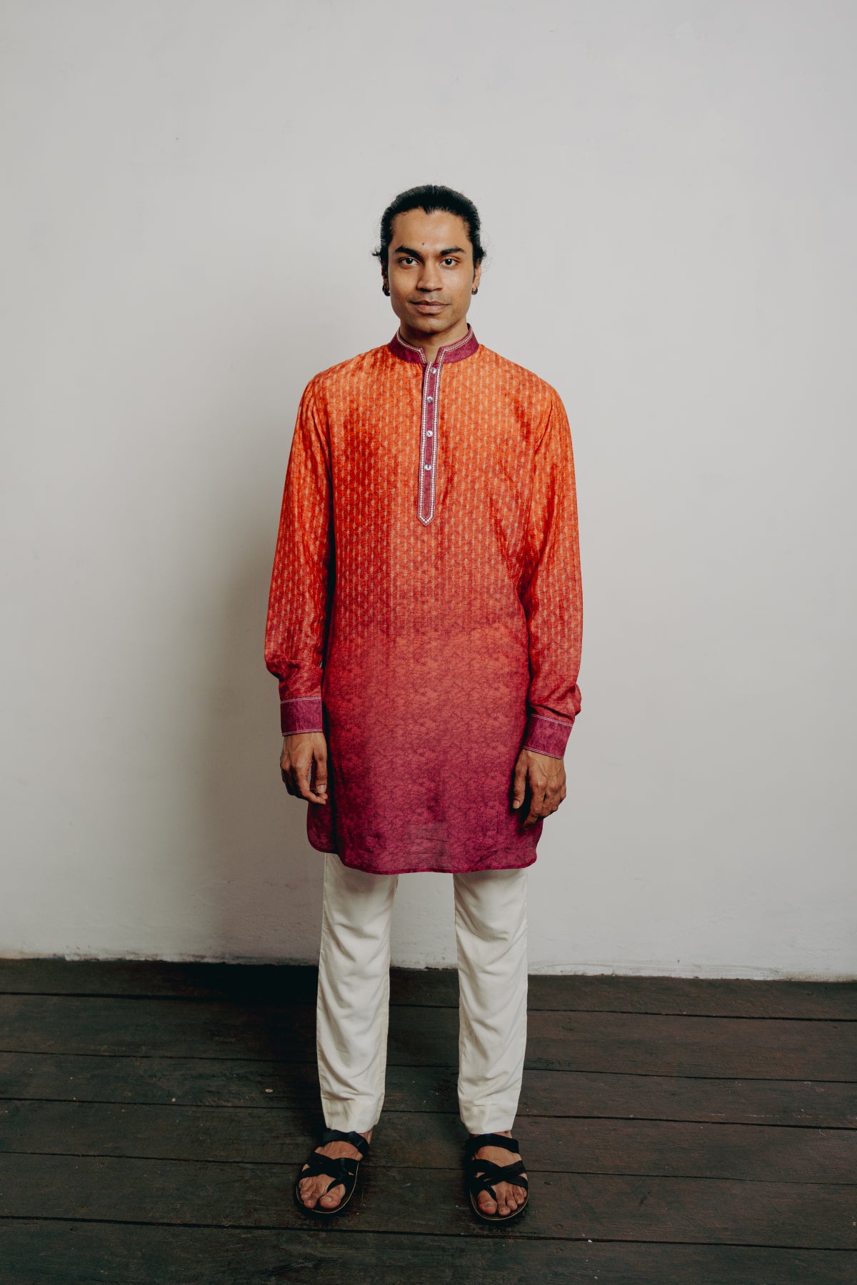 Orange Tussar Geometric Textured Printed Kurta Set