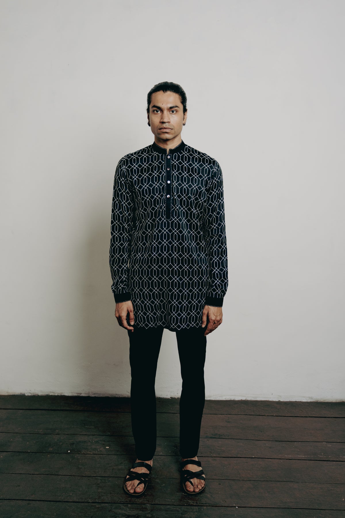 Black Tussar Thread Embroidered Kurta