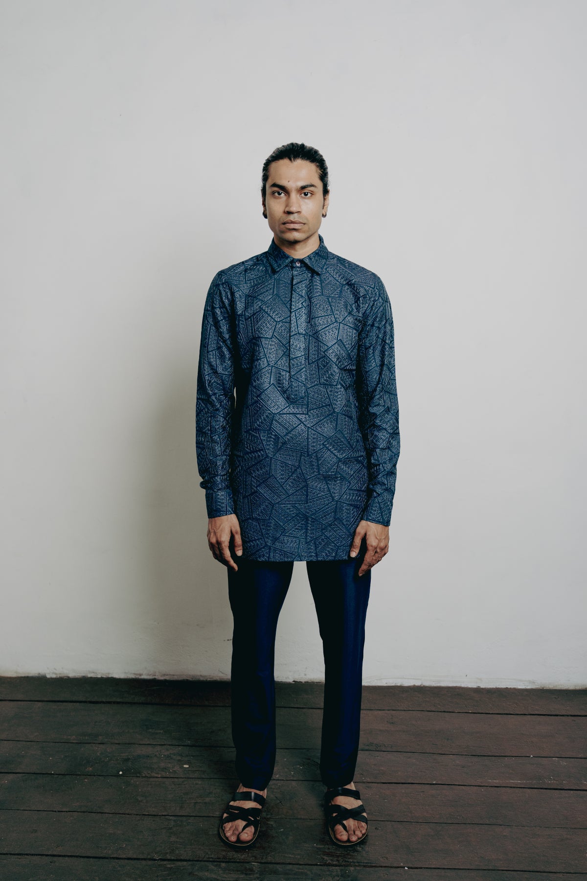 Navy All Over Embroidered Short Kurta