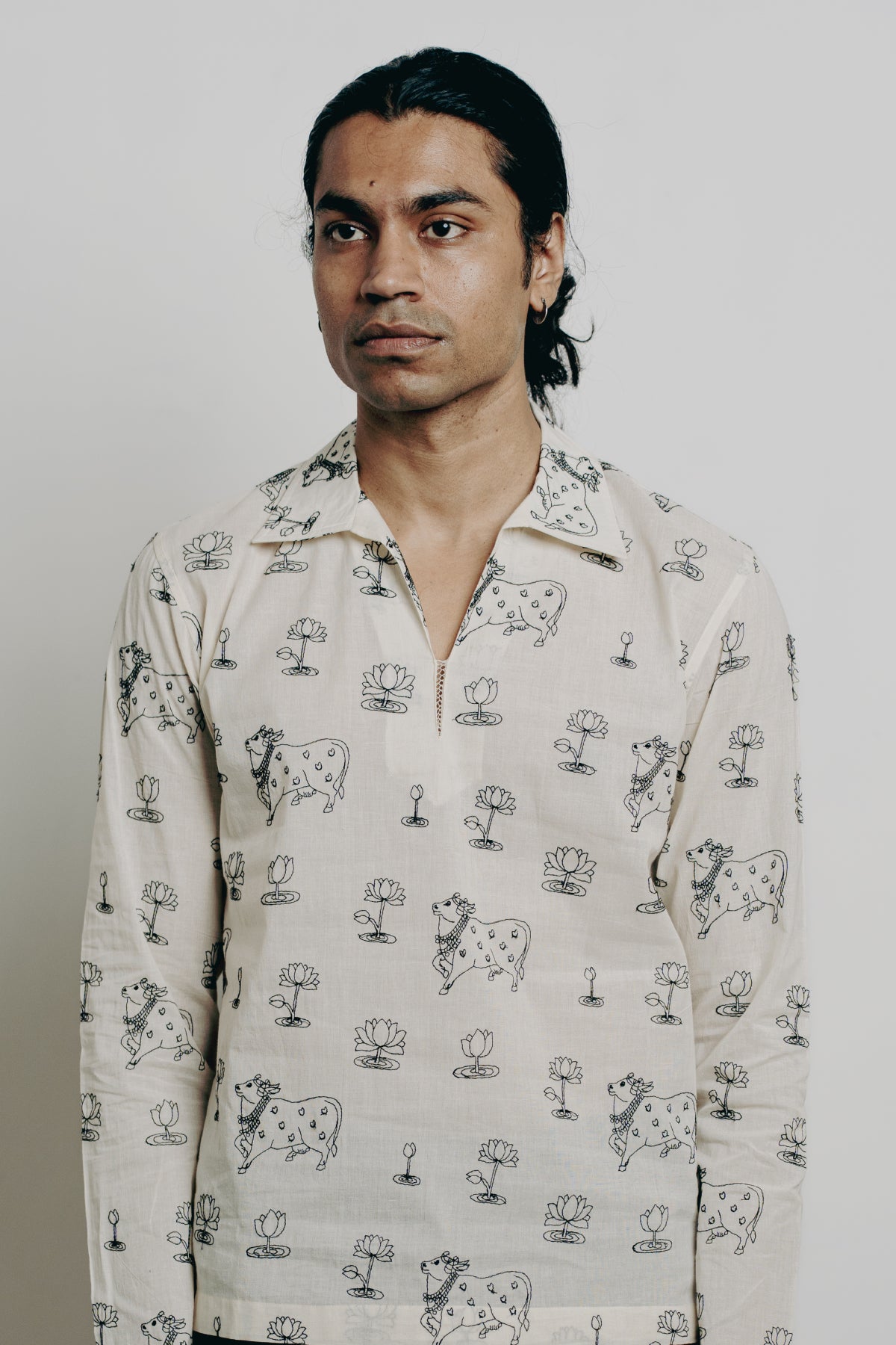 Off-White All Over Lotus-Cow Embroidered Shirt