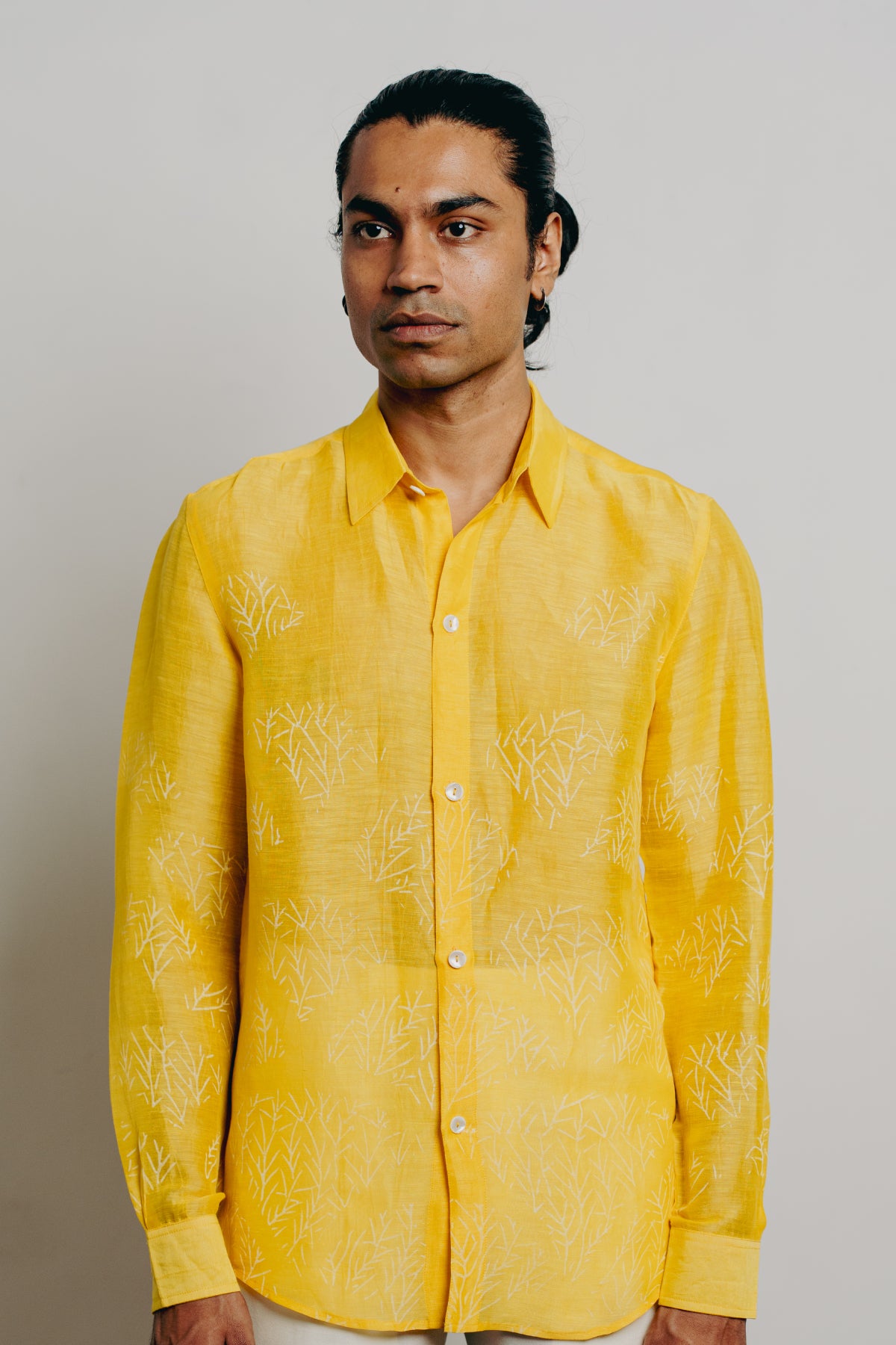 Yellow Tussar Hand Block Printed Shirt