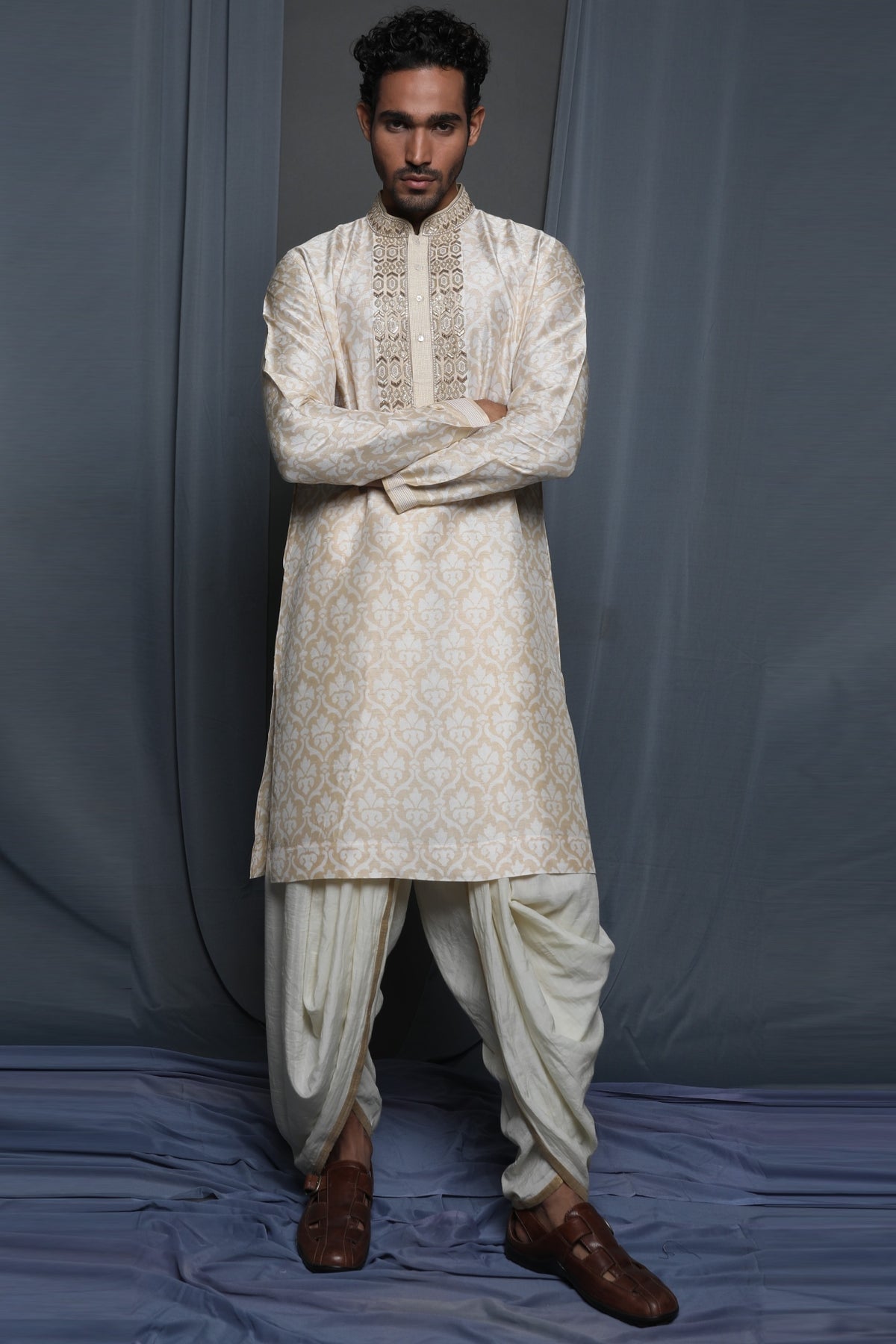 Beige Tussar Printed & Embroidered Kurta