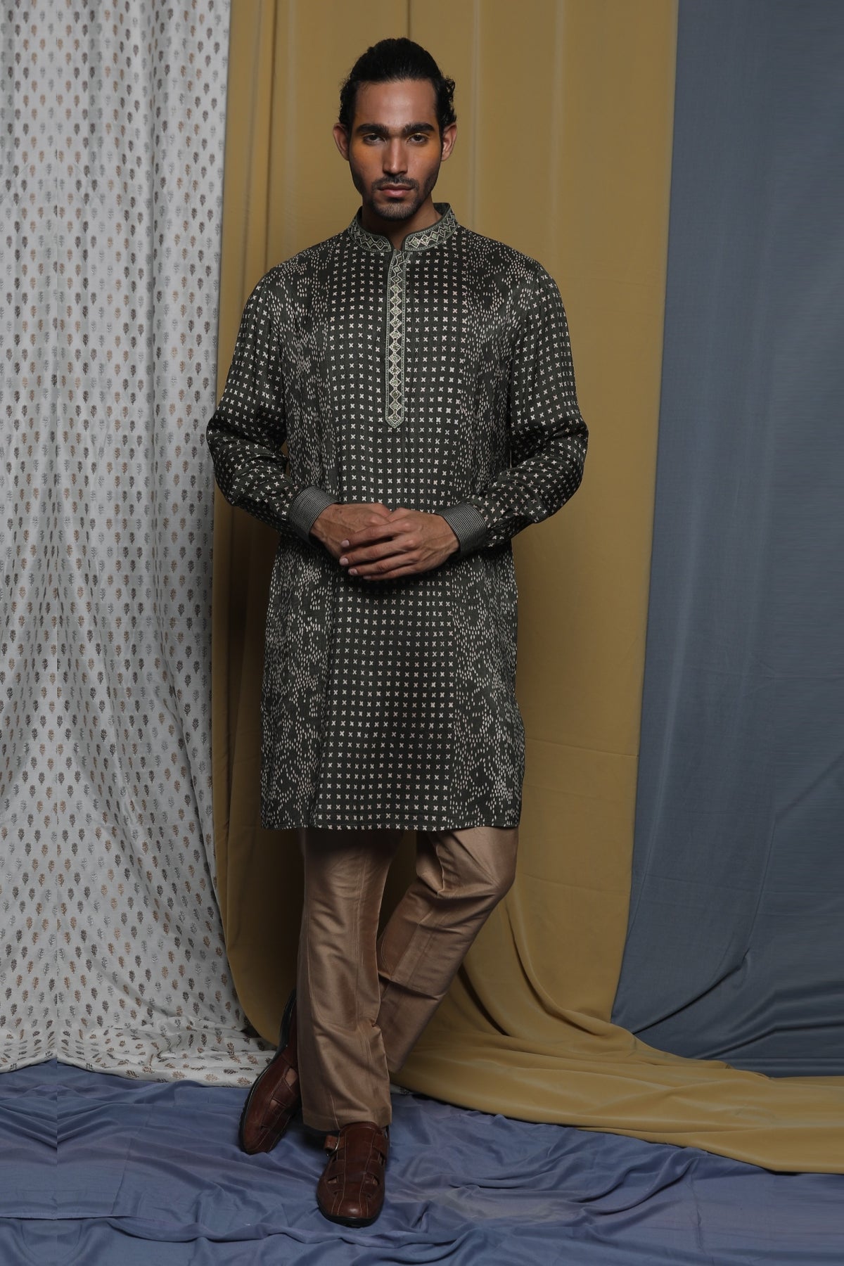 Green Tussar Zardosi Hand Embroidered Kurta Set