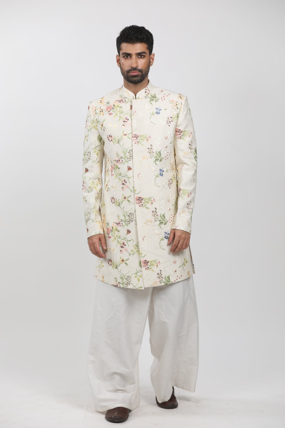 Cream Cotton Viscose Embroidered Sherwani Set